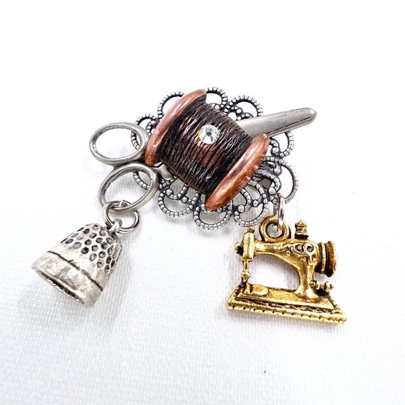 Seamstress Tri-Tone Scissors, Thread, Thimble & Sewing Machine Brooch Pin - Picture 2 of 7